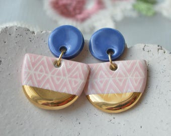 Handmade ceramic semicircle earrings in blue, pink and gold