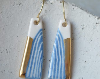 Handmade Geometric Ceramic Drop Earrings: Blue, White & Gold