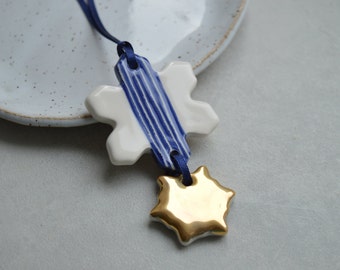 Ceramic snowflake ornaments, Christmas decoration, blue white gold star