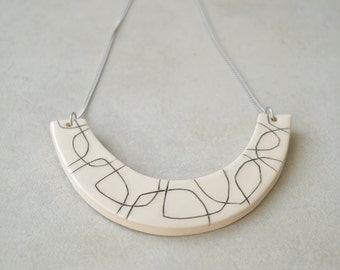 Minimalist statement necklace, geometric ceramic jewelry, monochrome bib necklace, gifts for her