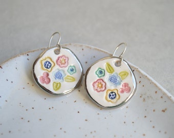 Floral ceramic earrings, colourful drop earrings for spring, handmade jewelry gifts for mom