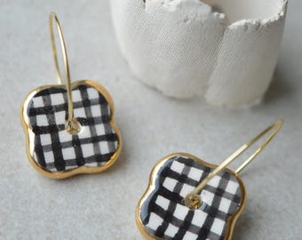 Black Checkered Ceramic Flower Earrings