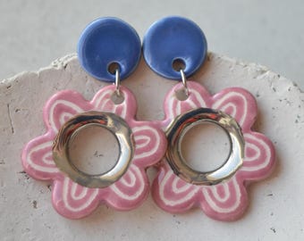 Handmade ceramic flower earrings in pink and blue