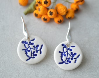 Mistletoe earrings, Christmas earrings, ceramic jewellery, delft blue jewelry, something blue for winter wedding