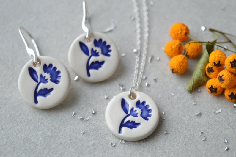 Tulip earrings, delft blue ceramic earrings, folk art inspired everyday jewellery, something blue, wedding jewellery, sterling silver image 6