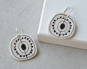 Minimalist drop earrings, handmade ceramic black and white earrings, monochrome geometric jewellery