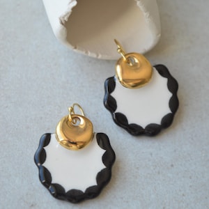 Black and white boho ceramic earrings, statement drop earrings, handmade jewellery gifts for her