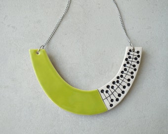 Lime green statement necklace, geometric ceramic jewelry for summer, bib necklace, gifts for her