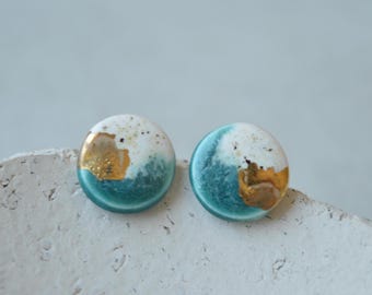Ceramic stud earrings with gold, turquoise ear studs, handmade jewellery gifts for girlfriend