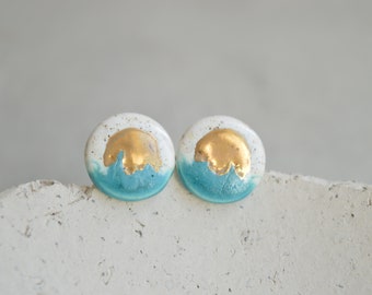 Sunset earrings, ceramic stud earrings with gold, handmade post earrings, Christmas gifts for her