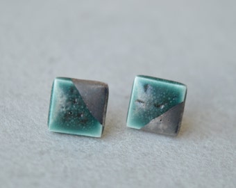 Elegant square stud earrings, handmade dark green studs, artisan ceramic jewellery, Christmas gift