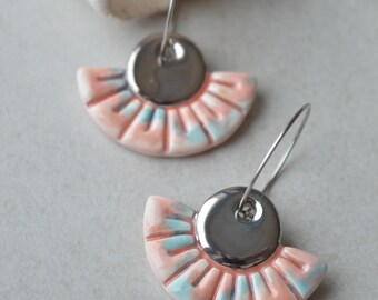 Handmade Art Deco Ceramic Dangle Earrings, Navy Blue & Gold