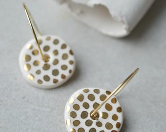 White ceramic hoops with gold polka dot