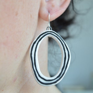 Large hoop earrings, black and white statement earrings, handmade ceramic earrings