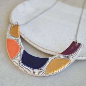 Colorblock statement necklace, handmade geometric ceramic jewelry, Christmas gifts for her image 1