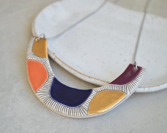 Colorblock statement necklace, handmade geometric ceramic jewelry, Christmas gifts for her