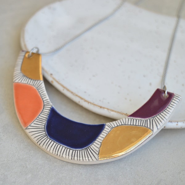 Colorblock statement necklace, handmade geometric ceramic jewelry, Christmas gifts for her