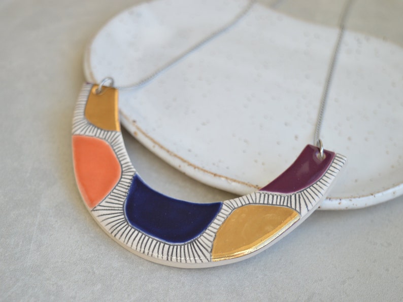 Colorblock statement necklace, handmade geometric ceramic jewelry, Christmas gifts for her image 1