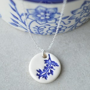 Fern necklace, delft blue necklace, ceramic pendant necklace, royal blue jewelry, Christmas gift for her