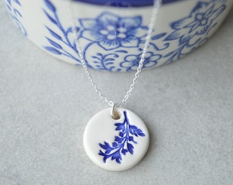 Fern necklace, delft blue necklace, ceramic pendant necklace, royal blue jewelry, Christmas gift for her