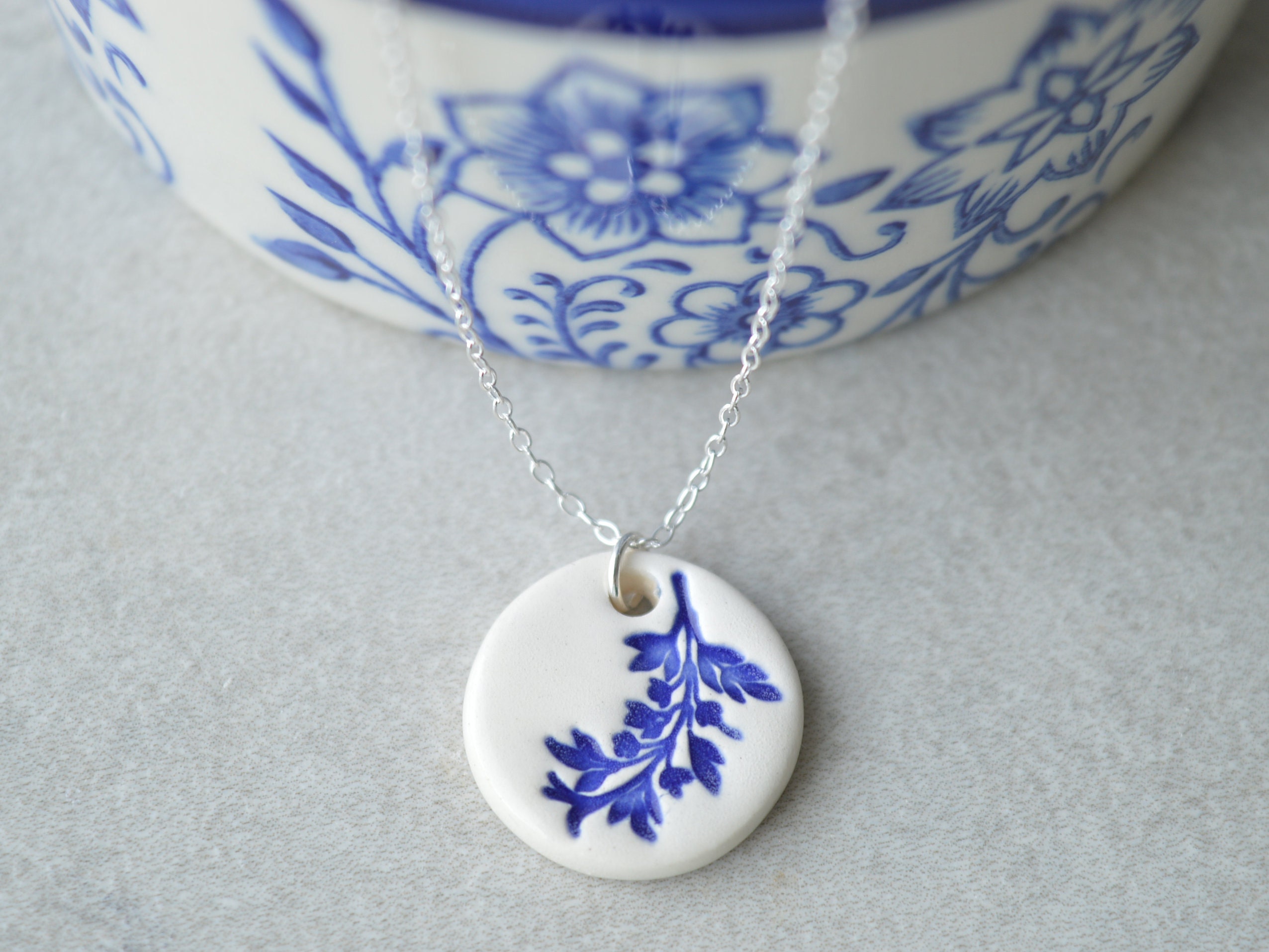 Fern Necklace, Delft Blue Necklace, Ceramic Pendant Necklace