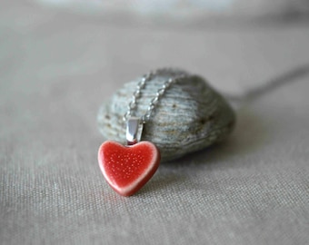 Valentines day gift, red heart necklace, ceramic jewellery, small pendant, gift for wife