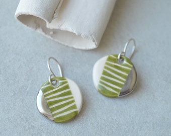 Small ceramic dangle earrings, green everyday go to earrings, handmade jewellery gifts for her