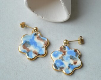 Floral ceramic earrings: blue watercolour dangles