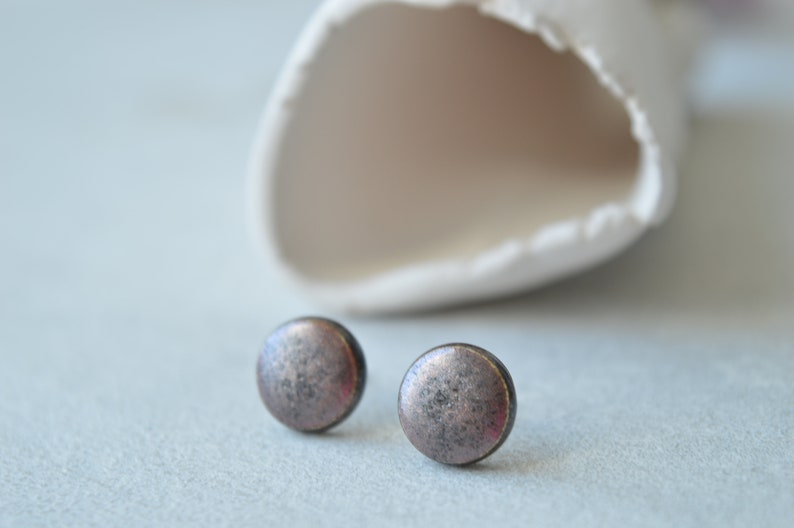 Copper gold ceramic stud earrings, small everyday circle ear studs, handmade jewellery gift for her image 3