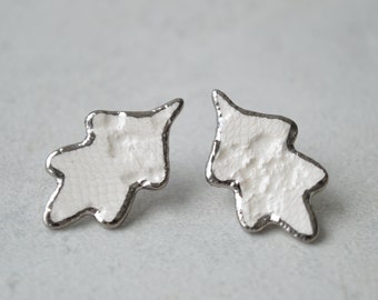 White leaf earrings, statement studs, lacy ceramic earrings, romantic jewellery, Christmas gift for her