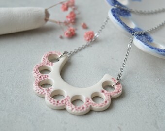 Frilly necklace, small ceramic necklace, pink and white necklace, handmade jewellery gift for her