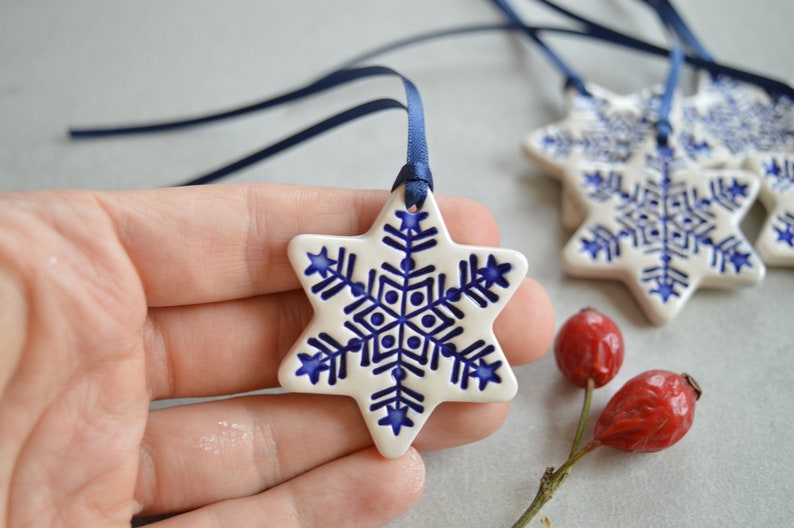 White ceramic Christmas decorations, star ornament, star gift tags, housewarming gift, Set of 5 image 3