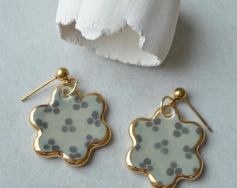 Grey handmade floral ceramic earrings