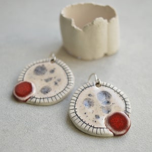 Statement earrings with red dot, artisan ceramic earrings, handmade geometric jewellery