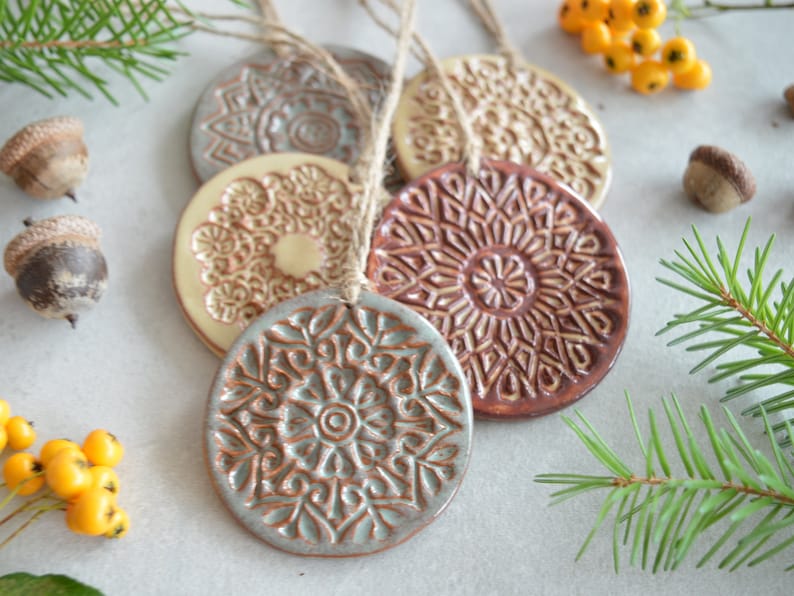 Christmas ornaments, ceramic decorations, earthy decor, terracotta ornaments, housewarming gift, Set of 5 image 5