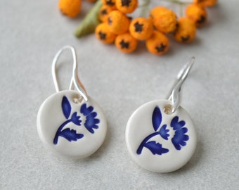 Tulip earrings, delft blue ceramic earrings, folk art inspired everyday jewellery, something blue, wedding jewellery, sterling silver