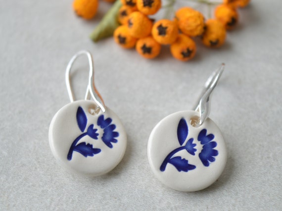 Tulip earrings delft blue ceramic earrings folk art inspired everyday jewellery something blue wedding jewellery sterling silver