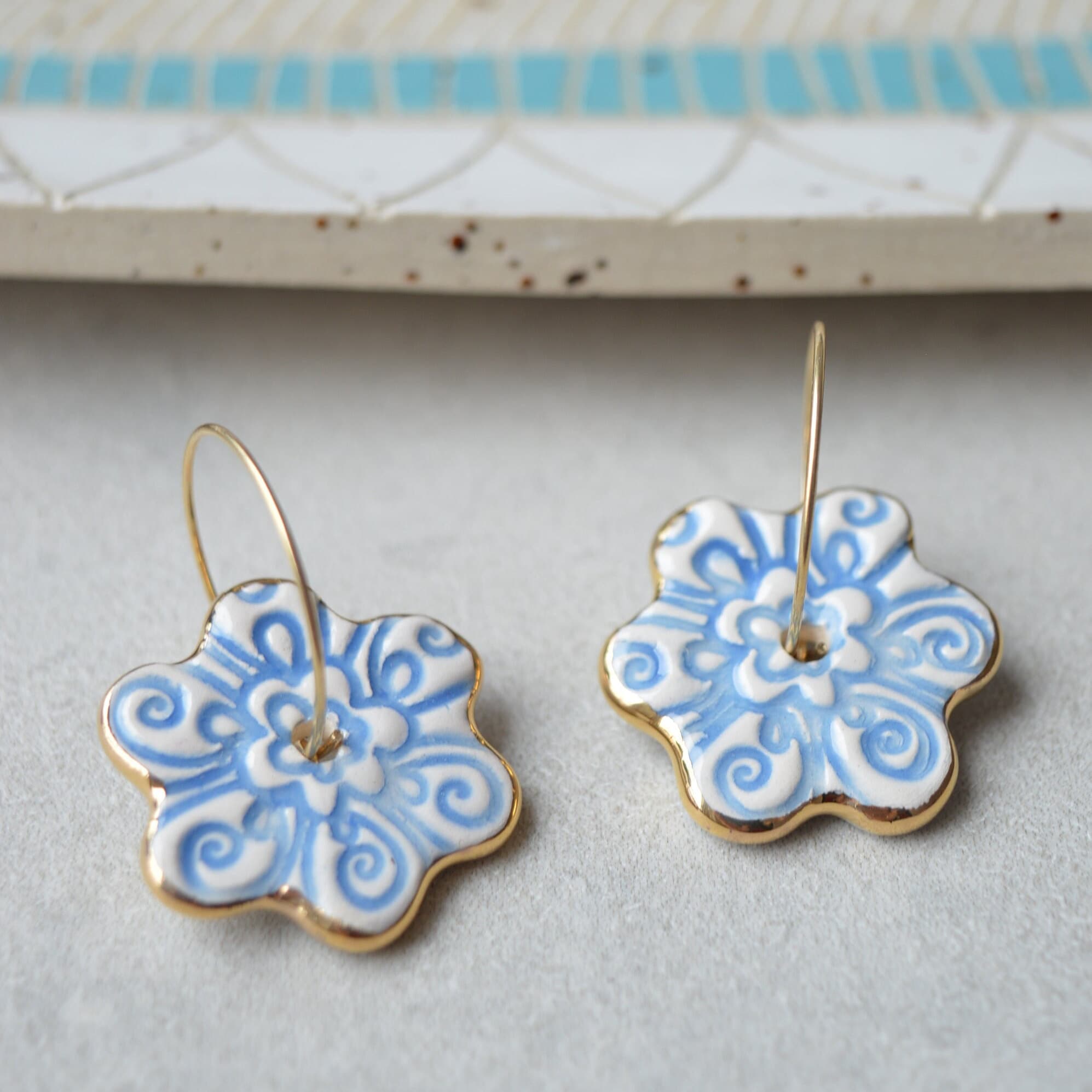 Floral ceramic hoop earrings, blue white pottery jewellery, birthday gift for her