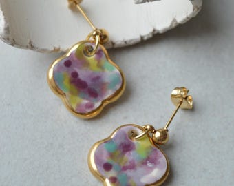Small ceramic earrings: purple watercolour jewellery with gold