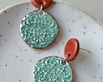 Handmade Floral Ceramic Drop Earrings, Red and Turquoise, Surgical Steel