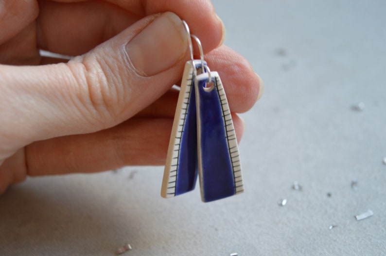 Ceramic drop earrings, royal blue earrings, geometric jewelry, abstract earrings, organic shape, sterling silver image 2