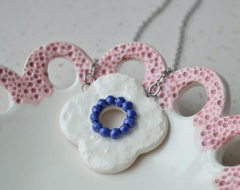 Flower necklace, small ceramic necklace, Delft blue necklace, handmade jewellery gift for her