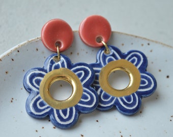 Floral ceramic earrings, handmade jewellery, blue, red, gold flower earrings