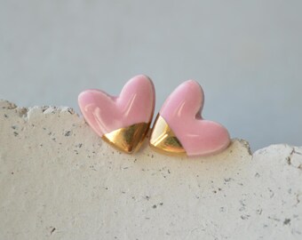 PInk and gold heart earrings, ceramic stud earrings, Valentines gift for her