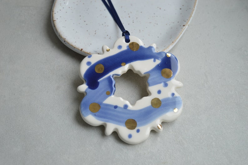 Ceramic snowflake ornaments, Christmas decoration, blue white gold star image 3