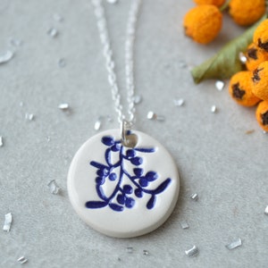 Delft Blue Mistletoe Necklace, Sterling Silver Chain