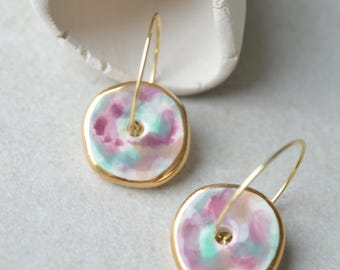 Watercolour ceramic hoops: small elegant round drop earrings