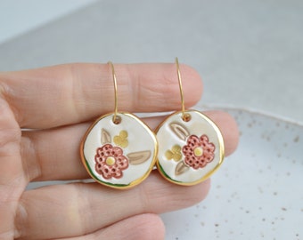 Floral ceramic earrings, colourful drop earrings for spring, handmade jewelry gifts for mom