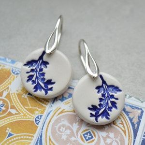 Sterling silver fern earrings, delft blue ceramic jewellery, folk art inspired everyday jewelry, bridesmaid gift