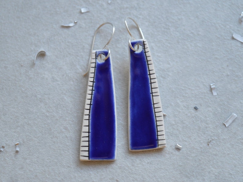 Ceramic drop earrings, royal blue earrings, geometric jewelry, abstract earrings, organic shape, sterling silver image 5